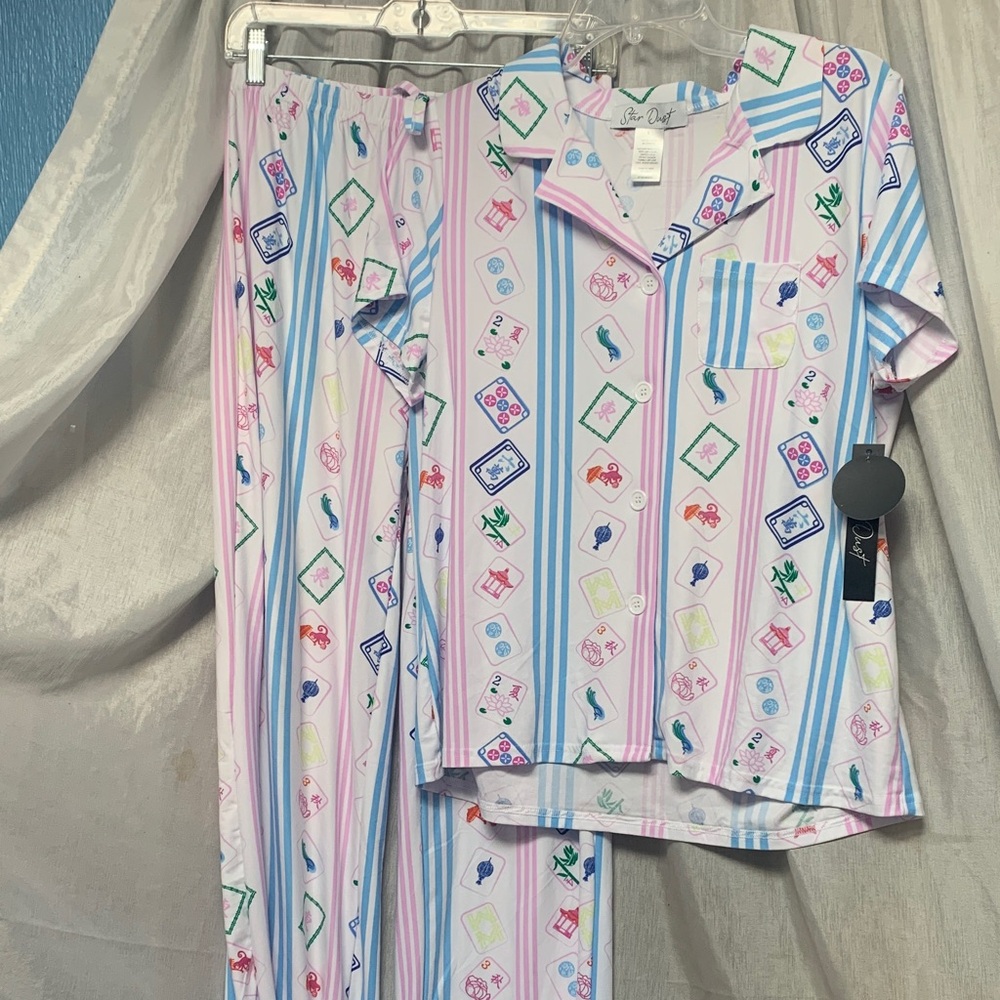 ' Short Sleeve Pajama Set - Pastel Striped Tile Print